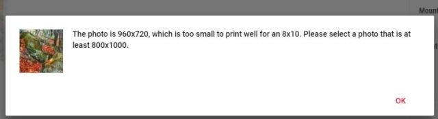 Trying to print photos at an online photo printer. Every time I try, I get an error message about the size being too small - 1